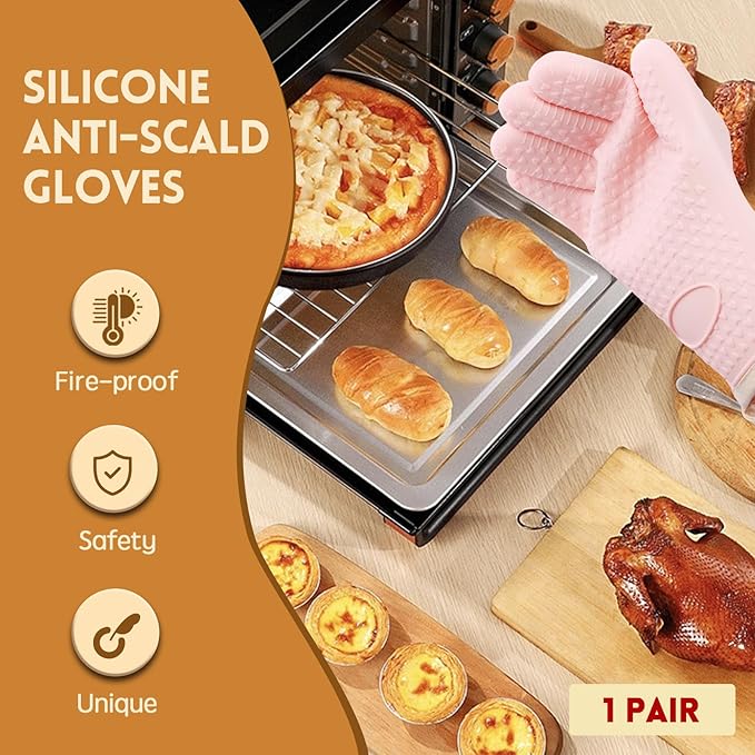 3 Pairs Silicone Oven Mitts Set, Heat Resistant Oven Glove with Soft Cotton Lining, Waterproof Non-Slip Kitchen Mittens for Men Women Grilling Cooking Baking