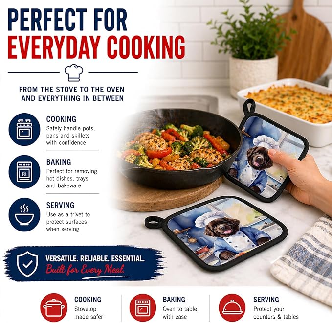 Caroline's Treasures Newfoundland The Chef Pair of Pot Holders Kitchen Heat Resistant Pot Holders Sets Oven Hot Pads for Cooking Baking BBQ, 7 1/2 x 7 1/2