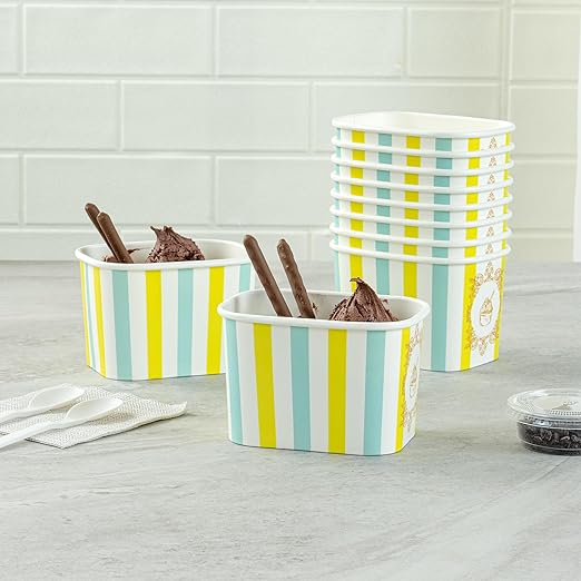 Restaurantware Paper Cups 200 Count 12 Ounce Square Disposable Ice Cream Containers, Leak-Resistant Paper Dessert To Go Cups, Hot And Cold Food, Durable Blue And Green Stripe Design