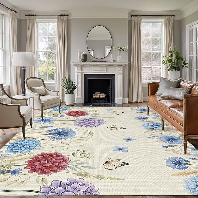 Area Rug 8x10ft, Spring Watercolor Garden Flower Washable Rugs for Living Room Bedroom, Hydrangea Floral on Burlap Soft Non-Slip Area Rugs Rectangle Floor Carpet for Dining Room
