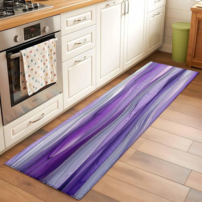 Runner Rug for Bedroom Hallway, Abstract Art Purple Gray Wave Kitchen Runner Rugs Area Rug 2x6ft, Vintage Marble Texture Washable Soft Floor Carpet for Entryway Stair
