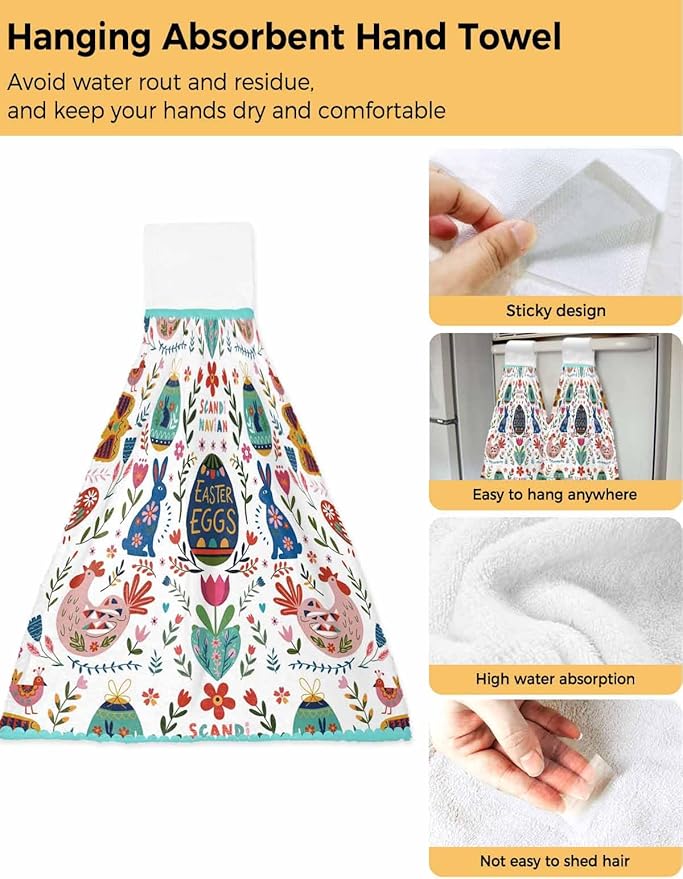 Alandar Home Kitchen Tie Towel Set of 1, Bohemian Ethnic Easter Eggs Blossom Flowers Bunny Absorbent Soft Hand Towels for Bathroom Hanging Towels, Tribe Boho Fast Drying Cleaning Cloth with Loop