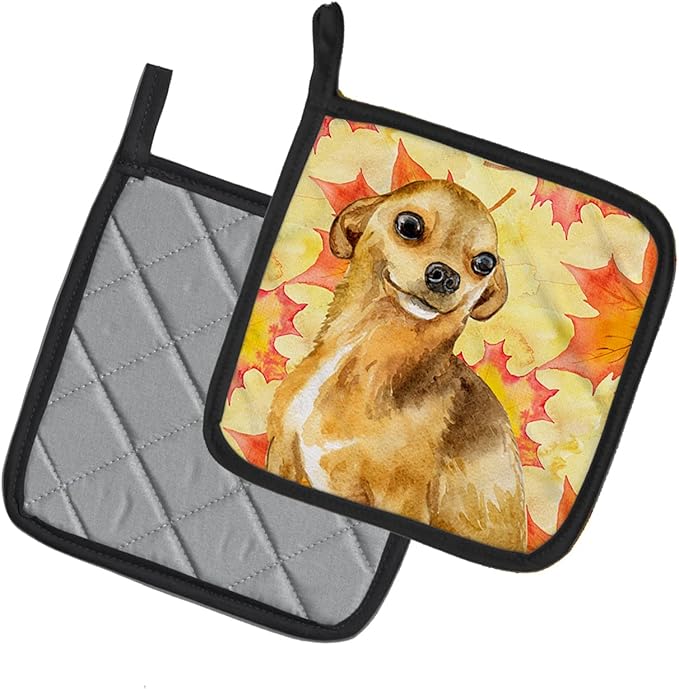 Caroline's Treasures BB9919PTHD Chihuahua Fall Pair of Pot Holders, Yellow Kitchen Heat Resistant Pot Holders Sets Oven Hot Pads for Cooking Baking BBQ, 7 1/2 x 7 1/2