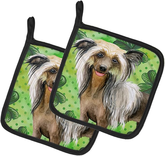 Caroline's Treasures BB9833PTHD Chinese Crested St Patrick's Pair of Pot Holders, Green Kitchen Heat Resistant Pot Holders Sets Oven Hot Pads for Cooking Baking BBQ, 7 1/2 x 7 1/2