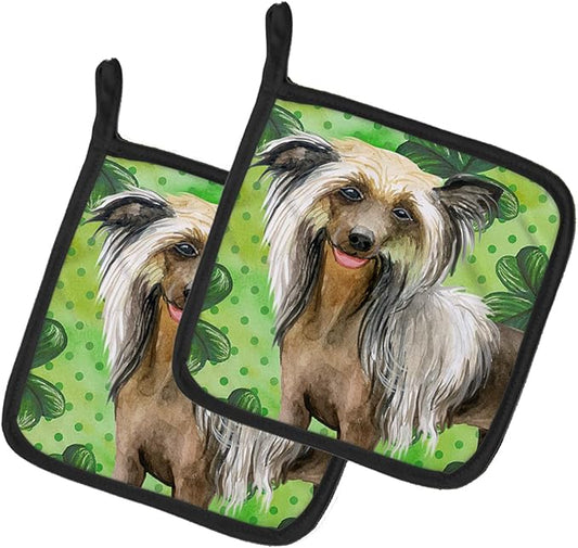 Caroline's Treasures BB9833PTHD Chinese Crested St Patrick's Pair of Pot Holders, Green Kitchen Heat Resistant Pot Holders Sets Oven Hot Pads for Cooking Baking BBQ, 7 1/2 x 7 1/2