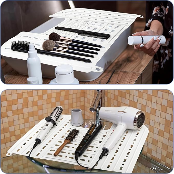 Foldable Sink Cover - Silicone Beauty Makeup Brush Cleaning Mat Tools Organizer with Hanging Loop - for Extra Space & Storage Saver - White
