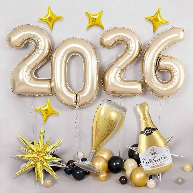 Light Gold 2026 Balloons, 40 Inch Number Champagne Gold Foil Balloons, Gold Star Balloon Champagne Bottle Glass Balloon for Happy New Years Eve Party Supplies 2026 Class of 2026 Graduation Decorations