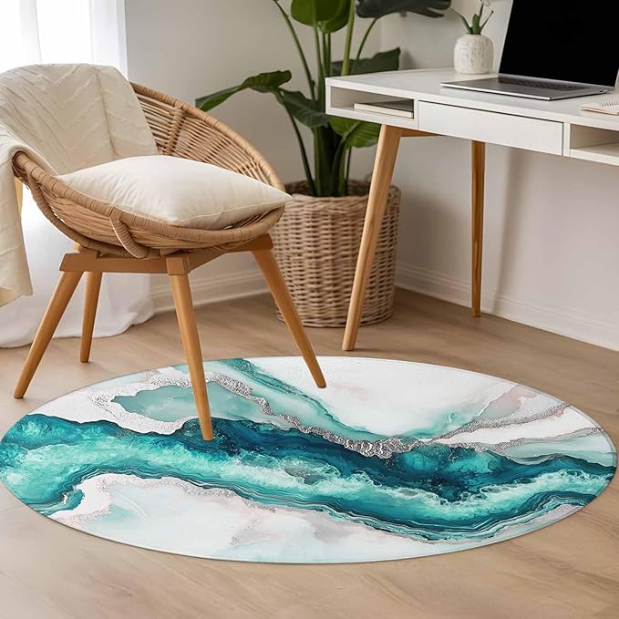 Washable Round Area Rug Abstract Blue Marble Texture Circle Rugs Floor Carpet for Living Room Bedroom, Modern Luxury Pattern Soft Non Slip Round Rug 4ft