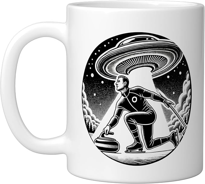 Curling Curl Curler Sport Men Guys Male Ice Outer Space Ceramic Mug, White