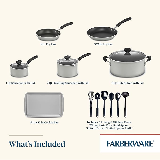Farberware Cookstart DiamondMax Nonstick Cookware/Pots and Pans Set, Dishwasher Safe, Includes Baking Pan and Cooking Tools, 15 Piece - Silver