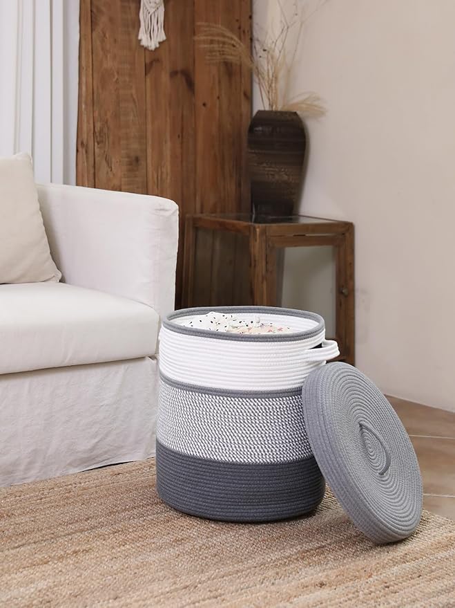 16" x 16" x 18" Extra Large Storage Basket with Lid, Cotton Rope Storage Baskets, Laundry Hamper, Cloth Bin, for Clothes Towels Blankets Pillows Storage in Living Room, White/Grey Mix/Dark Grey