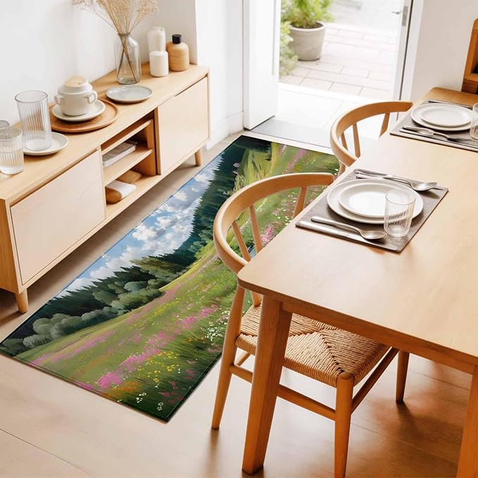 Runner Rug for Bedroom Hallway, Watercolor Flowers Leaves Forest Meadow Kitchen Runner Rugs Area Rug 2x6ft, Oil Paint Texture Washable Soft Floor Carpet for Entryway Stair