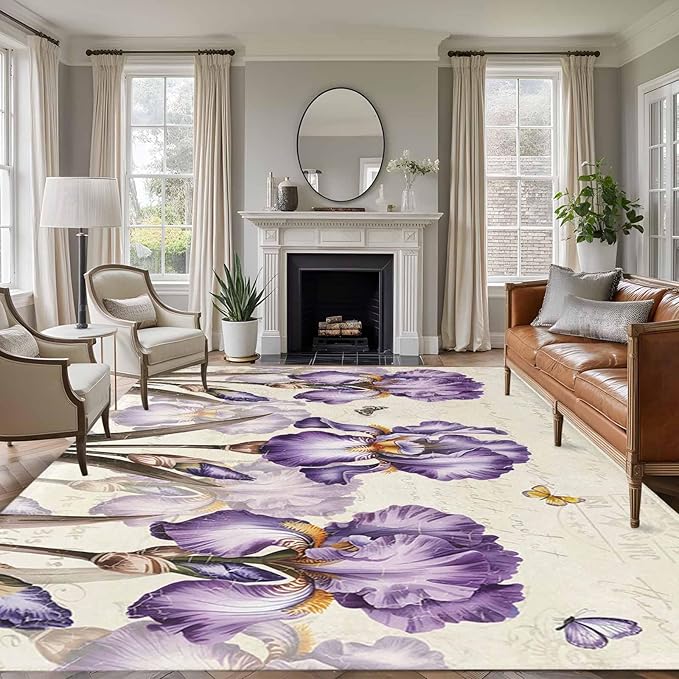 Area Rug 6x9ft, Pastoral Purple Flower Watercolor Washable Rugs for Living Room Bedroom, Country Botanical Butterflies Soft Non-Slip Area Rugs Rectangle Floor Carpet for Dining Room