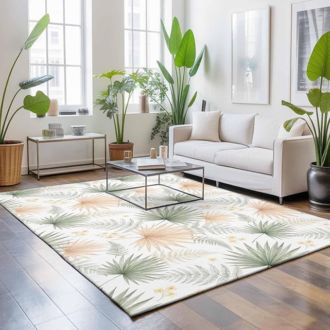Area Rug 4x6ft, Boho Tropical Palm Washable Rugs for Living Room Bedroom, Watercolor Seamless Background Soft Non-Slip Area Rugs Rectangle Floor Carpet for Dining Room
