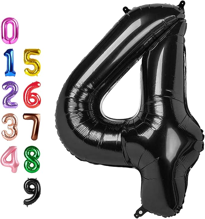 Black 4 Balloon Number for 4th Birthday Decorations, 40 Inch Big Number Balloons for 4 14 40 Anniversaries Celebration Graduation Wedding
