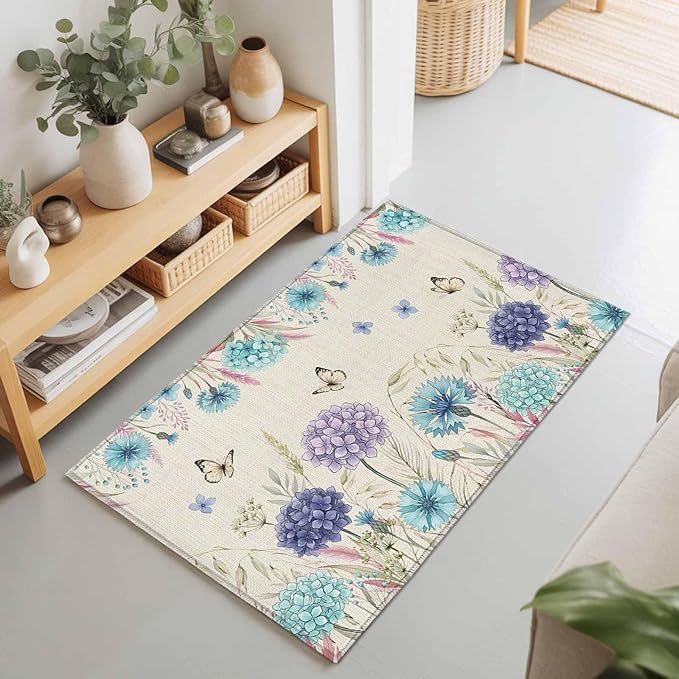 Area Rug 2x3ft, Farm Blossom Floral Hydrangea Washable Rugs for Living Room Bedroom, Watercolor Butterfly on Linen Soft Non-Slip Area Rugs Rectangle Floor Carpet for Dining Room