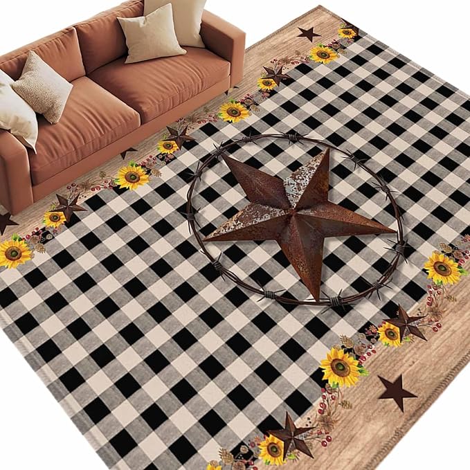 Area Rug 6x9ft, Western Star Farm Sunflower Washable Rugs for Living Room Bedroom, Vintage Wood Grain Black Buffalo Plaid Soft Non-Slip Area Rugs Rectangle Floor Carpet for Dining Room