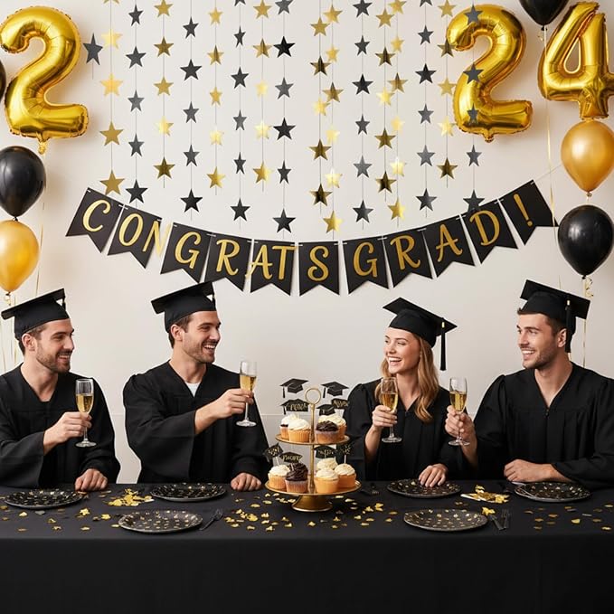 Patelai 130 Feet Glitter Star Garland Banner 2026 Party Decoration Double Side Star Hanging String Streamer Paper Twinkle for Graduation Wedding Birthday (Gold and Black)