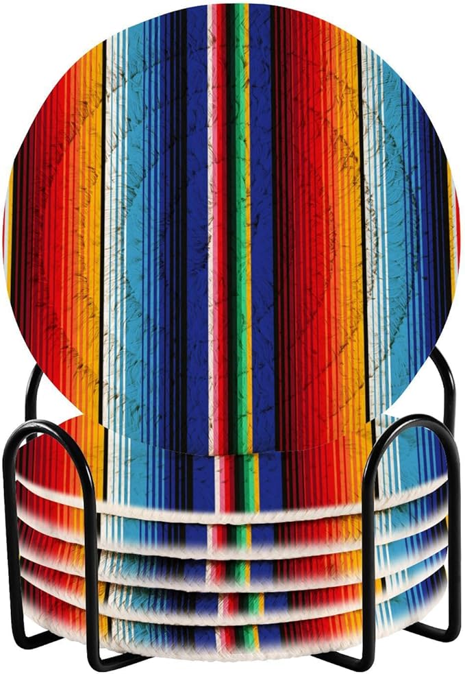 YETTASBIN Mexican Blanket Stripes 6 Pcs Drink Coasters with Holder, Cotton Woven Absorbent Heat-Resistant Round Coaster Non-Slip Table Mat for Kitchen Bar Home Decor Housewarming Gift, 3.9 in
