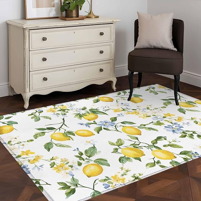 Area Rug 4x6ft, Summer Watercolor Lemon Flower Washable Rugs for Living Room Bedroom, Spring Farm Fruit Green Leaf Soft Non-Slip Area Rugs Rectangle Floor Carpet for Dining Room