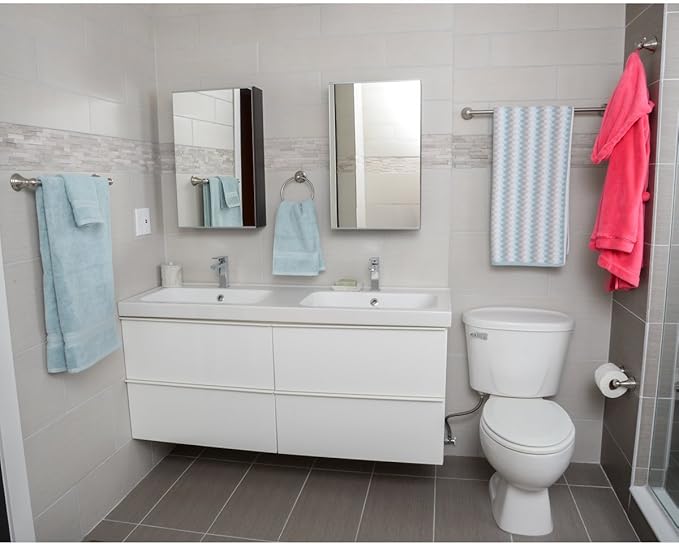 Amazon Basics 5 Piece Bathroom Hardware Set, Satin Nickel, Towel Bar, Toilet Paper Holder, Towel Ring, Robe Hook, AB-BR817-SN