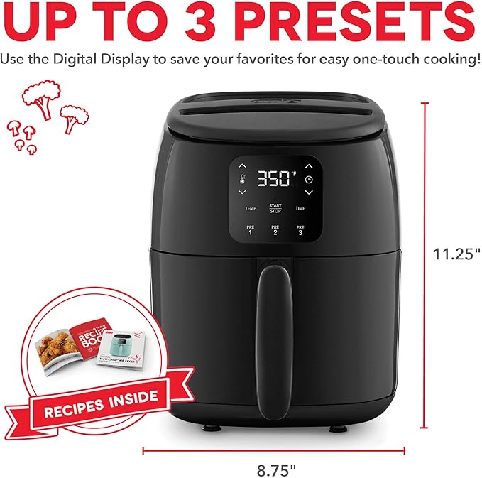 Dash Tasti-Crisp™ Digital Air Fryer – 2.6 Quart Small Compact Mini Air Fryer for French Fries, Nuggets & More, 1-2 People, Auto Shut Off, Adjustable Temp, Dishwasher Safe Parts - Black