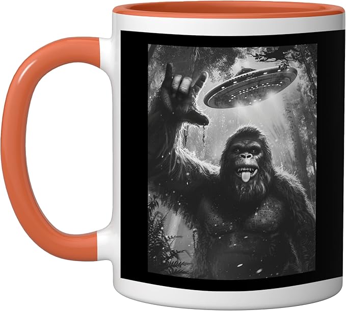 Funny Sasquatch Bigfoot Rock On Selfie with UFO Alien Saucer Ceramic Mug, Orange/White