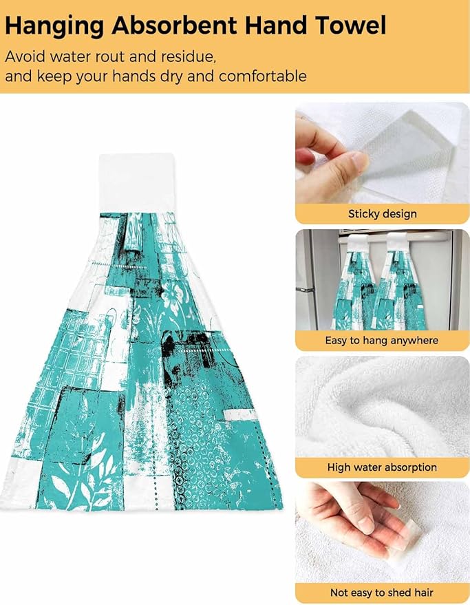 Alandar Home Kitchen Tie Towel Set of 1, Boho Abstract Geometric Texture Absorbent Soft Hand Towels for Bathroom Hanging Towels, Summer Leaves Turquoise Fast Drying Cleaning Cloth with Loop