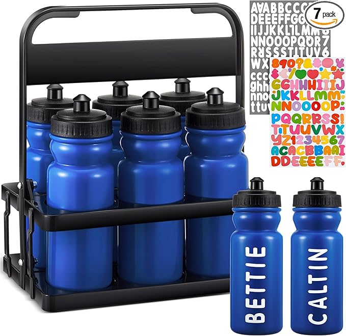 Suclain Water Bottle Carrier with 20 Oz Bottles and Stickers Plastic Wide Mouth Sports Water Bottle Squeeze Team Bottles with Black Lid for Fitness Bike Gym(7 Pcs,Dark Blue)