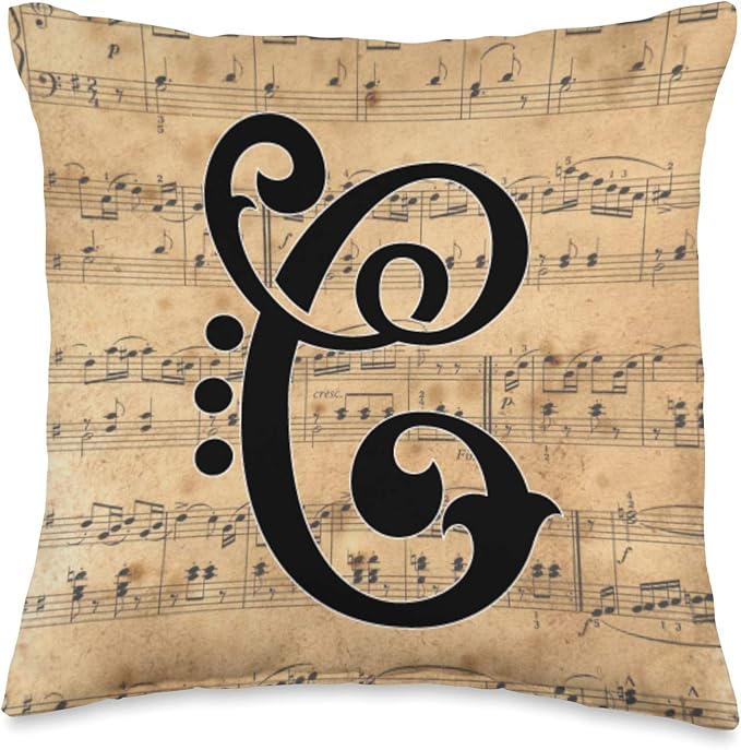 Monogram Initial of Capital Letter C on Vintage Sheet Music Throw Pillow