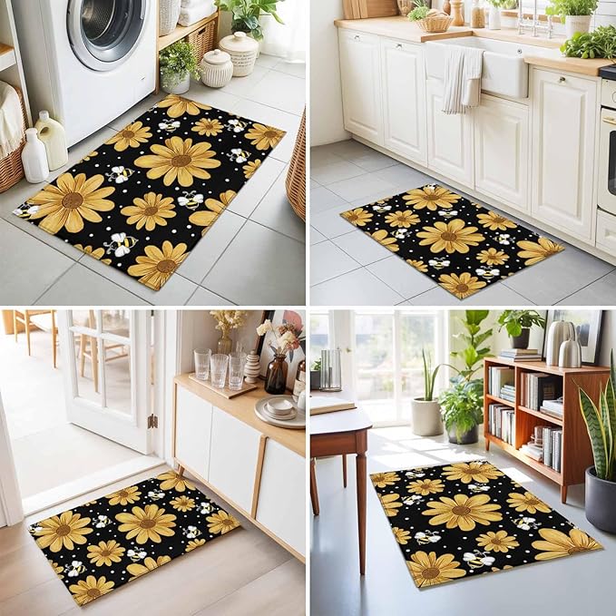 Area Rug 2x3ft, Summer Daisy Flower Bee on Black Washable Rugs for Living Room Bedroom, Spring Watercolor Floral Soft Non-Slip Area Rugs Rectangle Floor Carpet for Dining Room