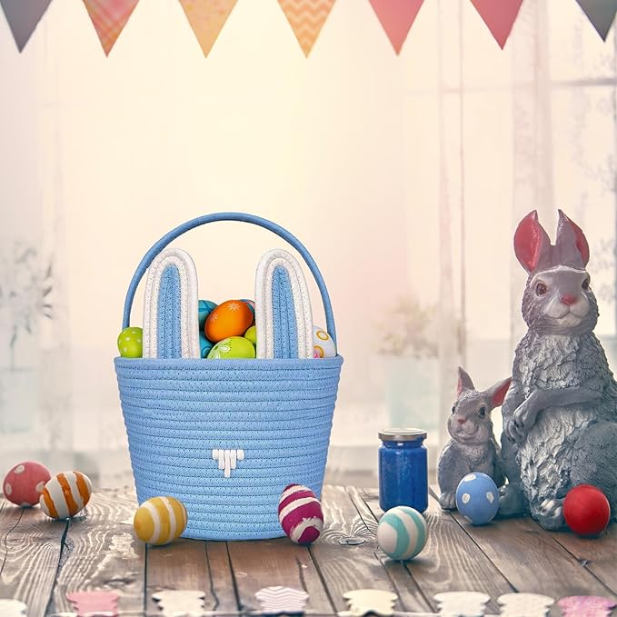 Poschnor Large Easter Basket with Gift Bags and Ribbons, Easter Bunny Basket for Kids, Woven Cotton Rope Basket for gifting, Blue
