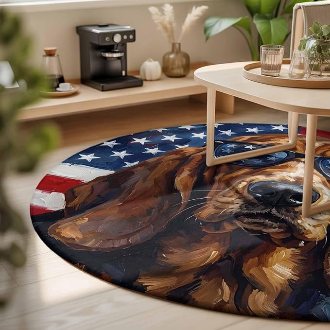 Washable Round Area Rug Independence Day USA Flag Circle Rugs Floor Carpet for Living Room Bedroom, Basset Hound Patriotic Sunglasses Soft Non Slip Round Rug 3ft