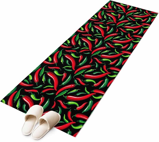 Runner Rug for Bedroom Hallway, Spicy Chili Pepper Pattern Kitchen Runner Rugs Area Rug 2x6ft, Red Green Peppers on Black Washable Soft Floor Carpet for Entryway Stair