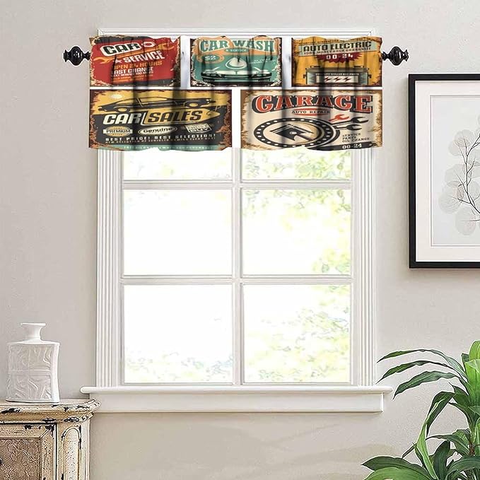 Vintage Valances Curtains Nostalgic Art Auto Service Garage Funk Style Highway Logo Repair Road Grunge Design Windows Short Curtain Valance for Kitchen Bedroom with Rod Pocket, 1 Panel 54X18 Inches