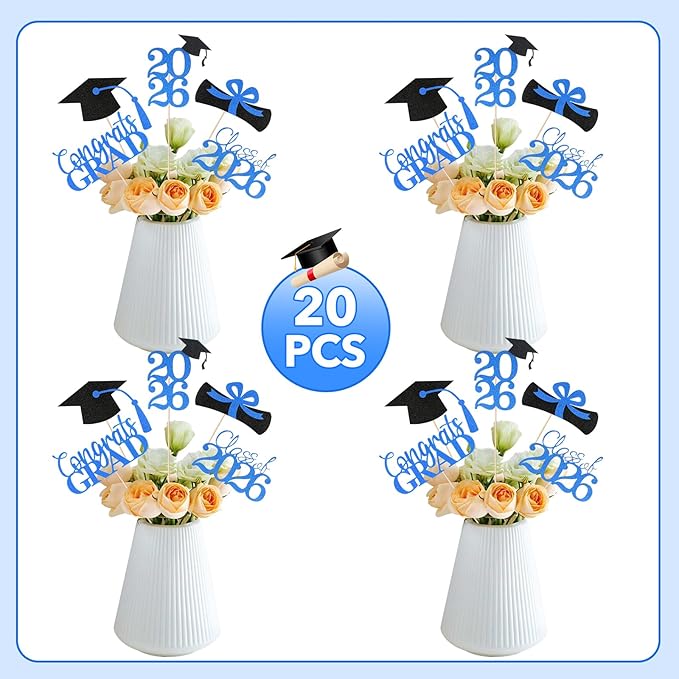 Graduation Decorations 2026, 20 PCS Sparkling Black and Blue Double-Sided Centerpiece Sticks for Tables, Class of 2026 Table Toppers and Party Supplies