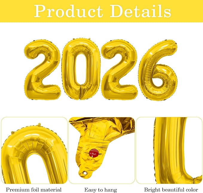 2026 Balloons, 2026 Number Balloons Gold, 40 Inch Large Foil Graduation Balloon 2026 Numbers for Graduation Decorations Class of 2026, Birthday, Anniversary, Home, Office Party Decorations