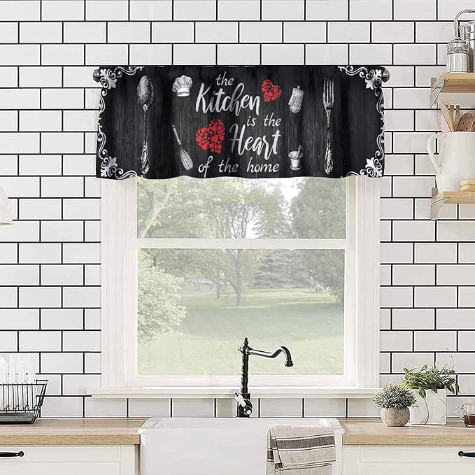 Retro Farmhouse Kitchen Valance, Black White Vintage Country Fork Spoon Heart Wooden Farm Short Curtain for Dining Room Bedroom Living Room Resturant Cafe Home Decor, 54x18Inch