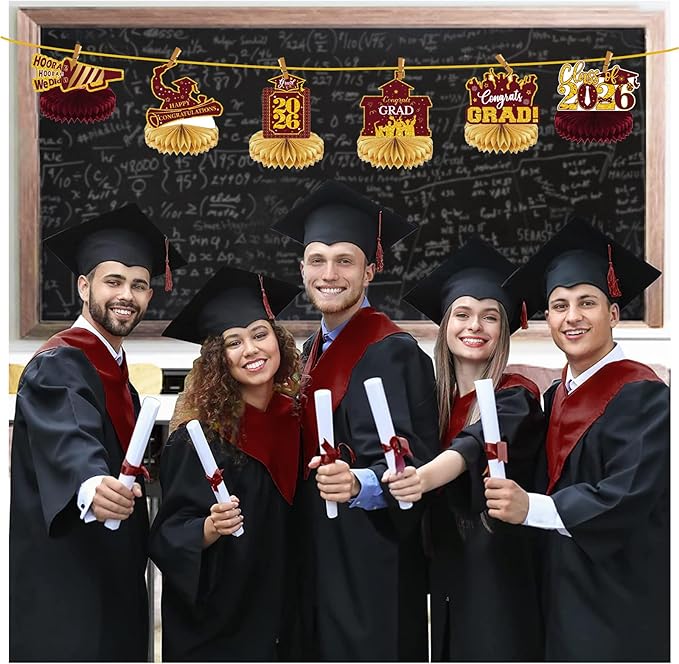 2026 Graduation Party Decorations - 8 Pcs Maroon Gold Class of 2026 Graduation Party Table Decor Honeycomb Centerpieces for Tables Congratulate for 2026 Congrats Grad Party Supplies