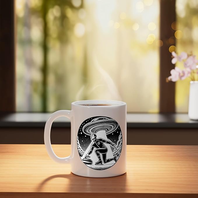 Curling Curl Curler Sport Men Guys Male Ice Outer Space Ceramic Mug, White