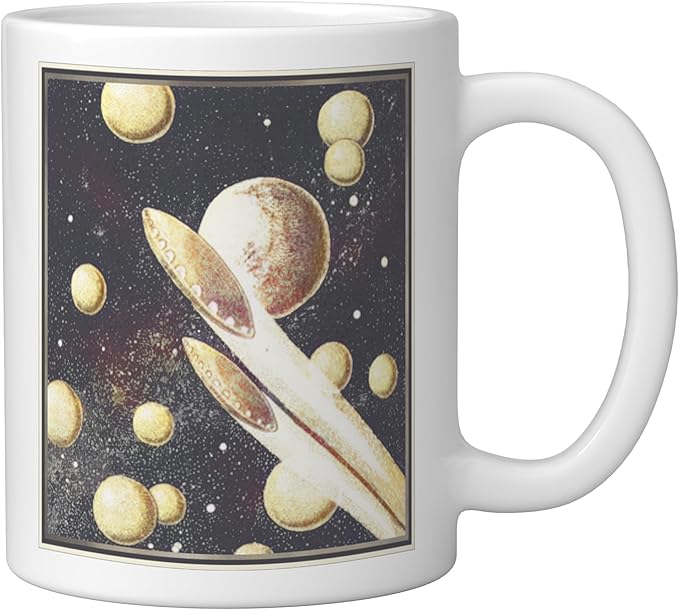 Retro Sci-Fi UFOs Flying Saucers Through Space Ceramic Mug, White