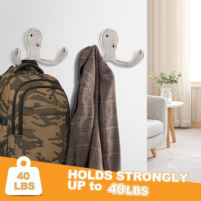 CBWLWJ 20 Pack Coat Hooks Wall Hooks for Hanging, Heavy Duty Double Prong Metal Hook Wall Mounted for Living Room, Bathroom, Kitchen, Bedroom for Coat, Bag, Scarf, Towel, Hat, Key, Cup (Silver)