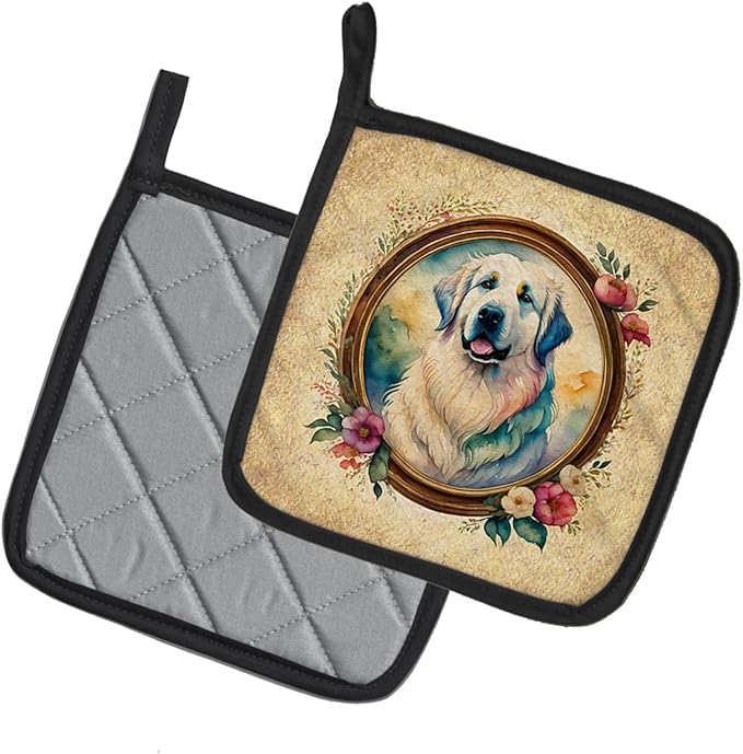 Caroline's Treasures Great Pyrenees and Flowers Pair of Pot Holders Kitchen Heat Resistant Pot Holders Sets Oven Hot Pads for Cooking Baking BBQ, 7 1/2 x 7 1/2