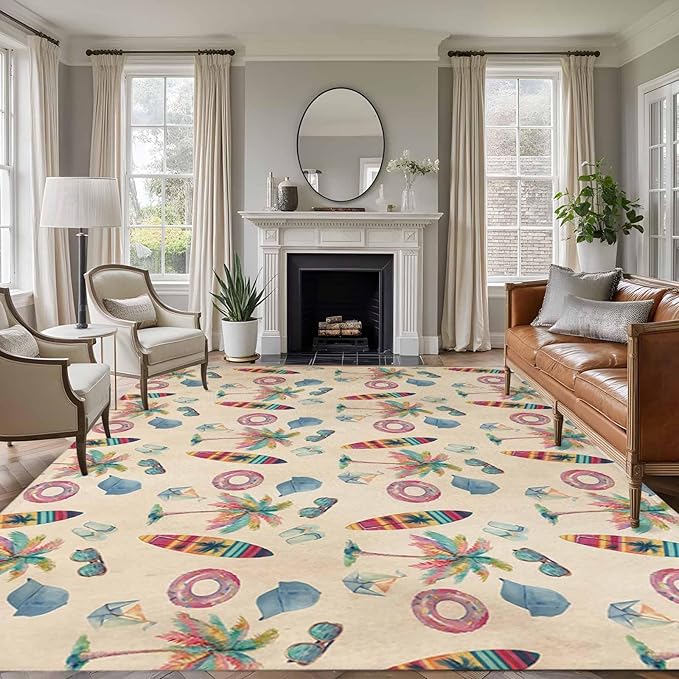 Area Rug 8x10ft, Summer Surfboard Coconut Tree Washable Rugs for Living Room Bedroom, Coastal Vintage Plants Soft Non-Slip Area Rugs Rectangle Floor Carpet for Dining Room