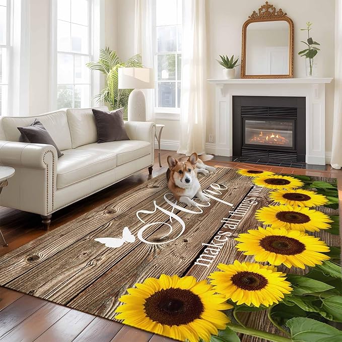 Area Rug 6x9ft, Farm Sunflower Positive Energy Quote Washable Rugs for Living Room Bedroom, Retro Dark Brown Wood Grain Soft Non-Slip Area Rugs Rectangle Floor Carpet for Dining Room