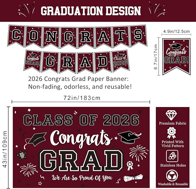 Graduation Decorations Class of 2026 - Maroon Graduation Party Supplies Congrats Grad Backdrop & Banner, Hanging Swirls, Porch Sign, Balloons for High School & College Celebrations