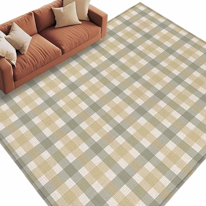 Area Rug 8x10ft, Farmhouse Vintage Beige Tan Buffalo Plaid Washable Rugs for Living Room Bedroom, Rustic Linen Soft Non-Slip Area Rugs Rectangle Floor Carpet for Dining Room