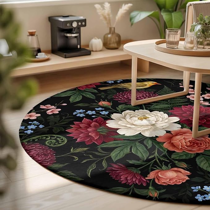 Washable Round Area Rug Pastoral Colorful Flower Leaf Circle Rugs Floor Carpet for Living Room Bedroom, Country Blossom Floral Bird Soft Non Slip Round Rug 3ft