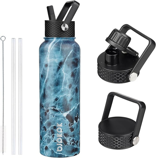 BJPKPK Insulated Water Bottles with Straw Lid, 40oz Stainless Steel Water Bottles with 3 Lids, BPA Free Leakproof Thermo, Tumblers, Cups for Sports, Gym- Ocean