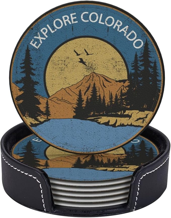 Colorado Lake Leather Drinks Coasters with Holder, Set of 6, Suitable for Various Cups